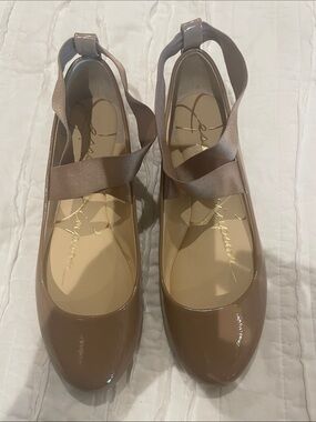 Jessica Simpson Patent Mary Jane Flats in Taupe Brown with Cross Strap